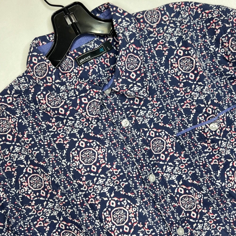 Blue Geometric Short Sleeve Button Up Mens L Paisley Mosaic Cotton Casual Shirt